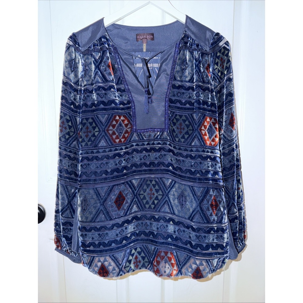 HALE BOB Women's Navy Burnout Velvet Beaded Boho Blouse Size S Small